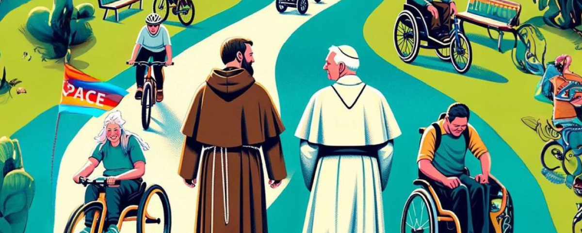 Di spalle San Francesco e il Papa si tengono la mano. Intorno persone camminano in uno spazio aperto.