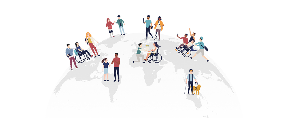 Illustrazione colorata di 16 persone con disabilità mentre si relazionano "muovendosi" nel mondo, disegnato come suolo grigio
