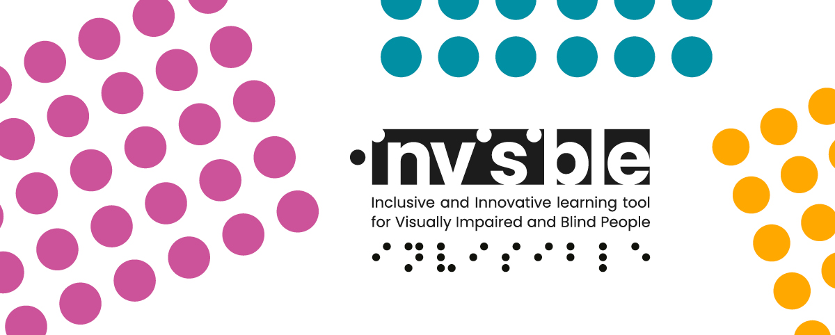Bolli rosa gialli e blu circondano il logo Invisible in nero Inclusive and Innovative learning tool for Visually Impaired and Blind People