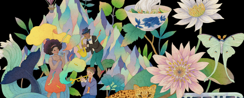illustrazione colorata di montagne, fiori, animali e musicisti in ordine sparso