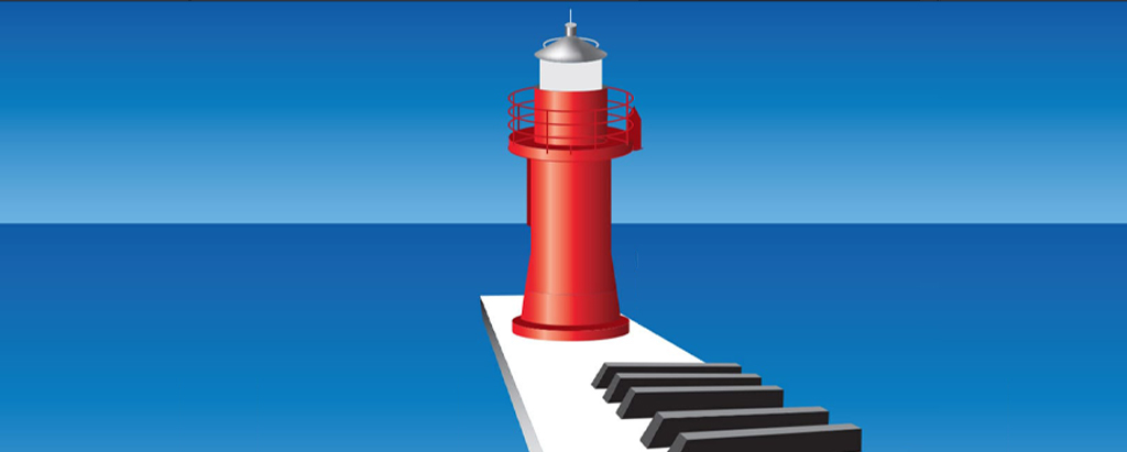 Tastiera di pianoforte in verticale che termina con la Lanterna Rossa di Ancona. A fare da sfondo mare e cielo con linea di orizzonte.