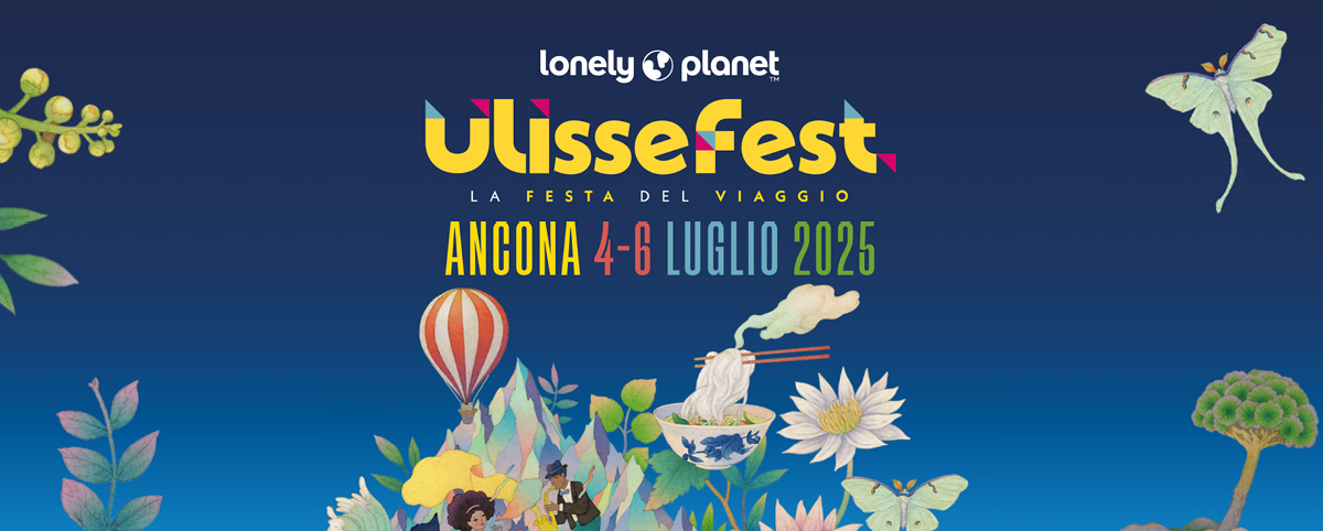 su fondo blu con con fiori, farlalle e mongolfiere, appare la scritta Lonely planet, Ulisse Fest Ancona 4,5,6 luglio 2025