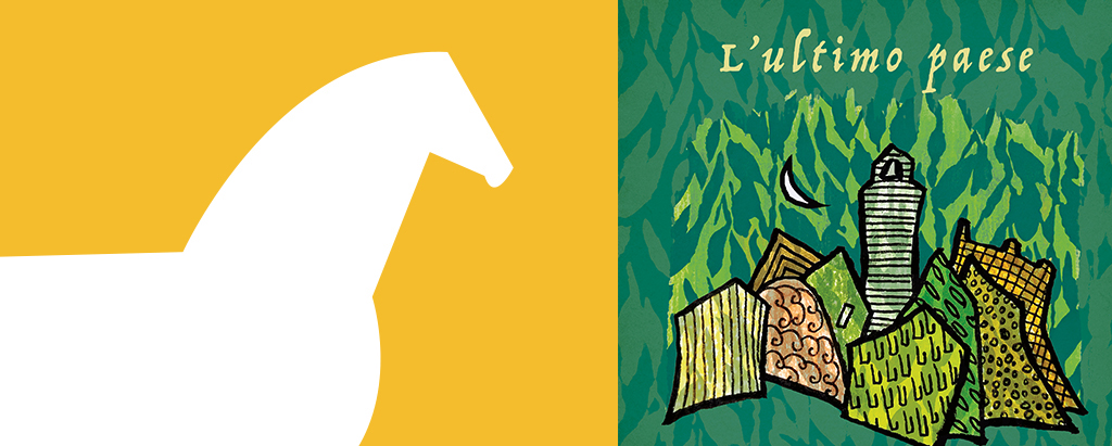 a sinistra fondo giallo e sagoma di cavallo bianco. A destra copertina dell'album: fondo verde e case stilizzate.