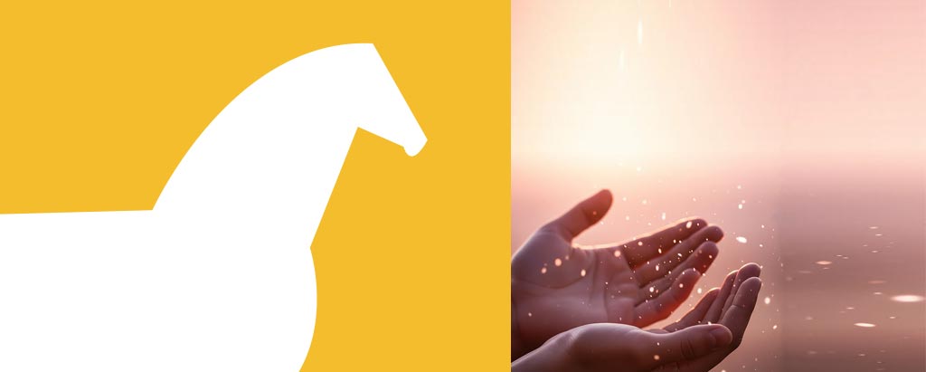 sagoma cavallo bianco su fondo giallo, simbolo della Mole accanto a due mani aperte da cui salgono punti di luce