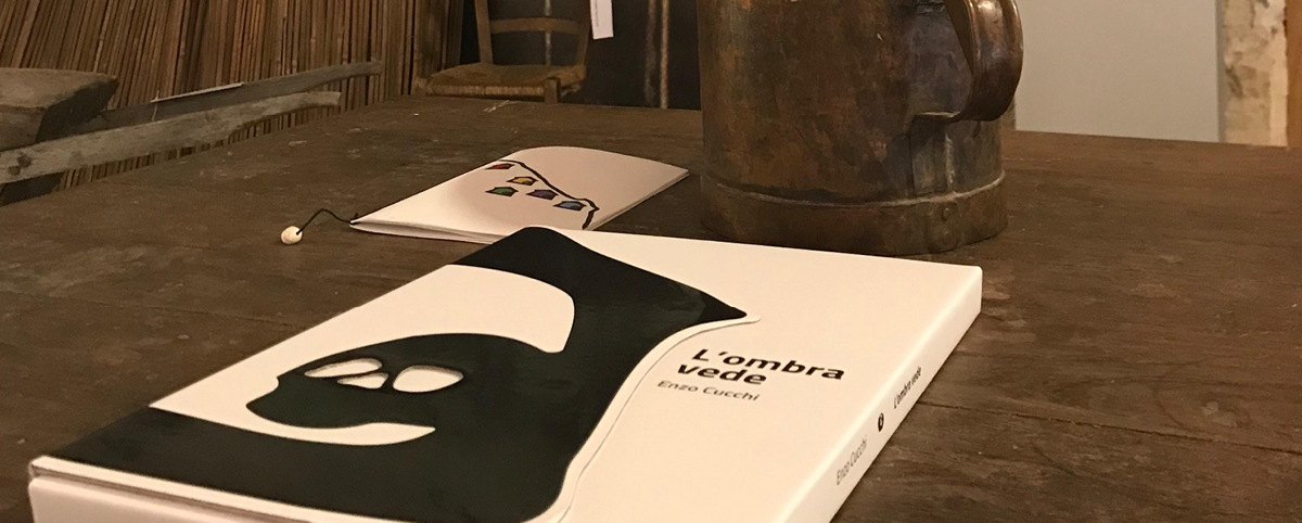 su un tavolo di legno è adagiato il catalogo della mostra, oltre ad un opuscolo e una brocca in rame.