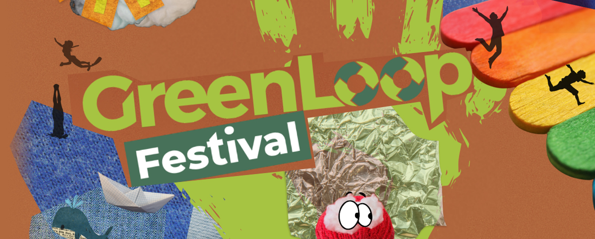 Immagine colorata e vivace con la scritta “Green Loop Festival” al centro, circondata da sagome nere di bambini che giocano, oggetti riciclati come carta, stoffa e legno colorato, e uno sfondo con elementi grafici verdi e marroni.