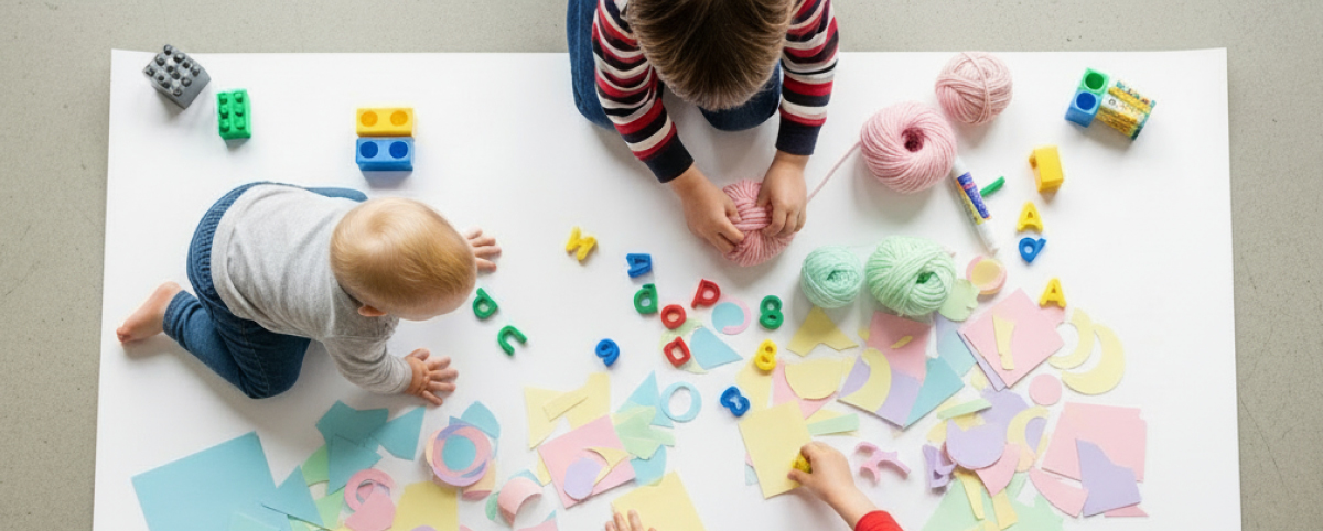 Vista dall'alto di un grande foglio di carta e due bambini piccoli giocano su di esso con materiali vari (gomitoli, lettere in plastica, mattoncini e ritagli di carta)