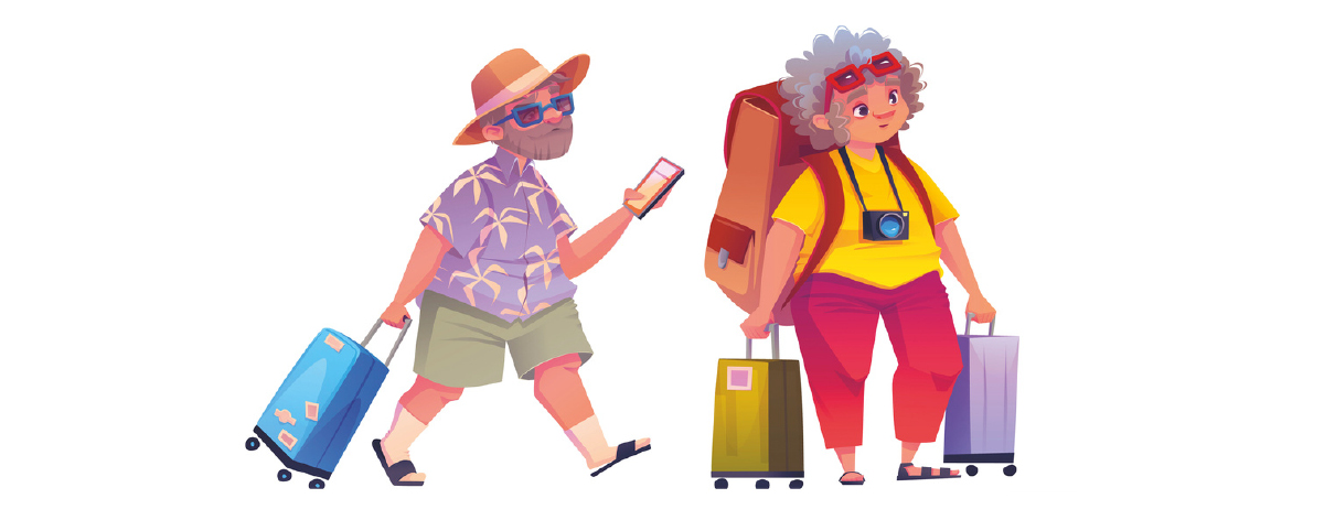 Illustrazione di due turisti anziani in vacanza. I due turisti stanno camminando con valigie e telefoni alla mano.