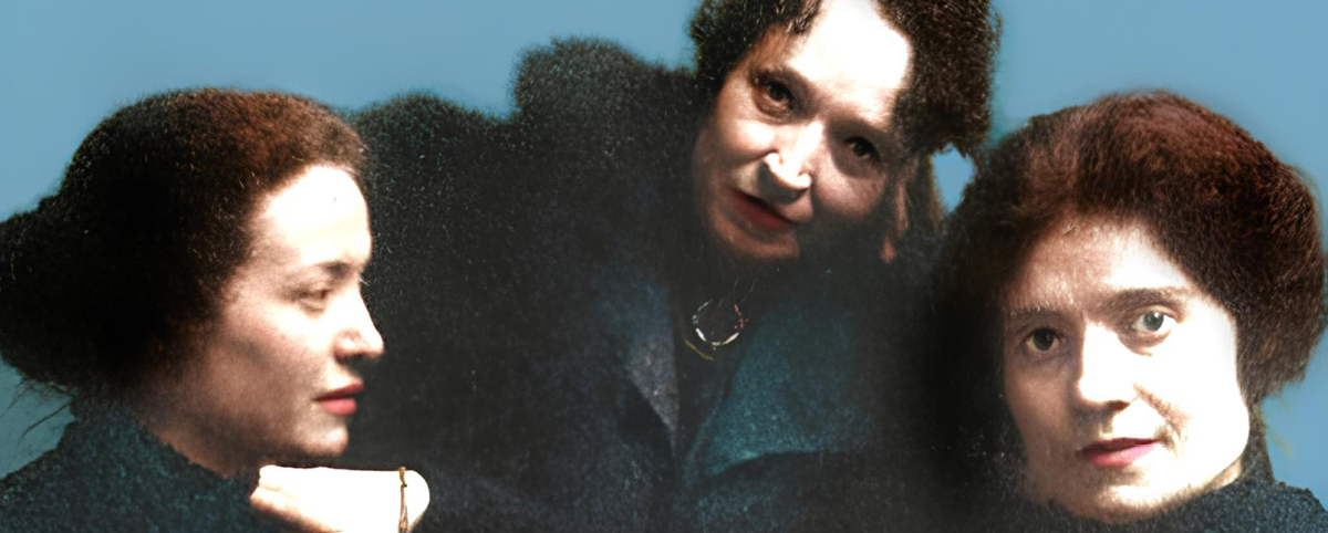 particolare della copertina del libro. Su fondo azzurro, tre donne a mezzo busto al centro.