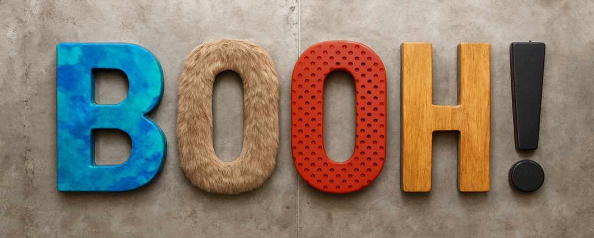 Scritta Booh! con lettere tattilmente differenti e di colore diverso apprlicate sulla parete metallica della galleria.