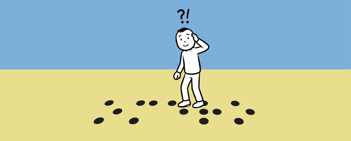 Illustrazione stilizzata di una persona in piedi su uno sfondo diviso tra cielo azzurro e terra beige, circondata da punti neri sparsi simili al Braille; la figura si tocca la testa con espressione perplessa, mentre sopra compaiono due punti interrogativi.
