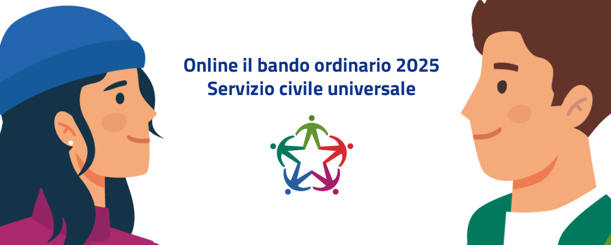 Locandina con due giovani stilizzati che si guardano e, al centro, il logo del Servizio Civile Universale. In alto la scritta: “Online il bando ordinario 2025 – Servizio civile universale”