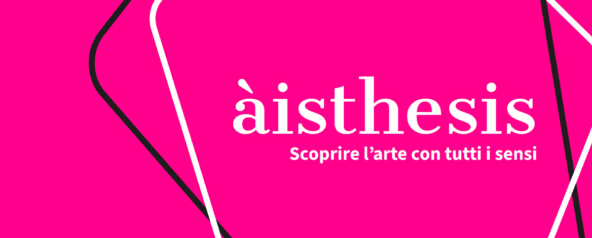 Grafica della rivista Aisthesis. Scoprire l’arte con tutti i sensi. Su uno sfondo fucsia acceso compare il titolo “àisthesis” in grandi lettere bianche, con il sottotitolo “Scoprire l’arte con tutti i sensi”. L’immagine è attraversata da linee geometriche irregolari bianche e nere.