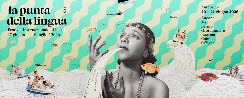 L'immagine è un manifesto promozionale in stile collage surrealista. La composizione unisce elementi d'epoca in bianco e nero a illustrazioni colorate e grafiche geometriche