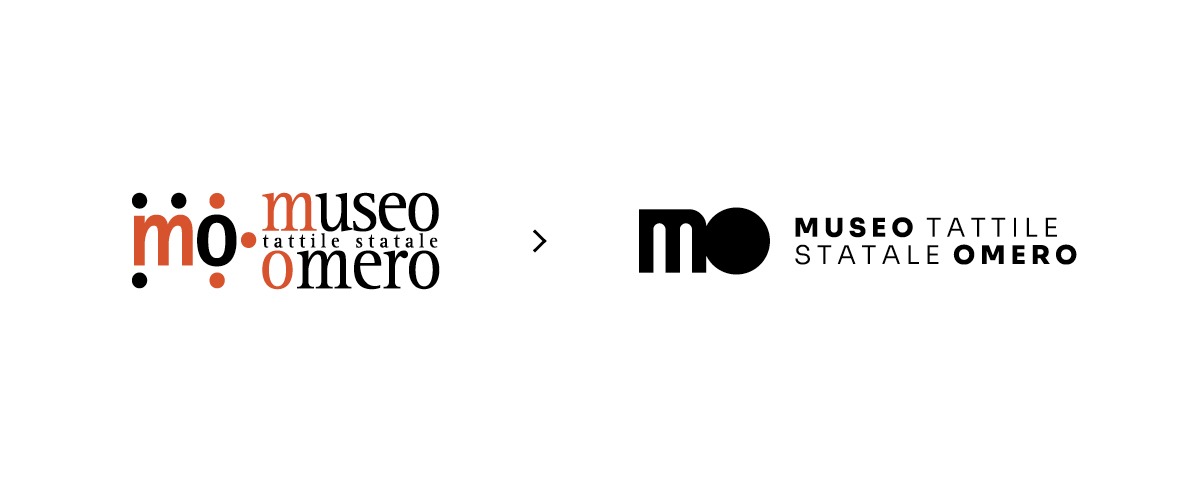 A confronto vecchio e nuovo logo. Vecchio logo: lettere "mo" circondate da punti Braille e accanto la scritta museo tattile statale omero. Nuovo logo: lettere "mo" più stilizzate con la "o" che è un tondo nero pieno a ricordare il punto Braille e accanto la dicitura MUSEO TATTILE STATALE OMERO.