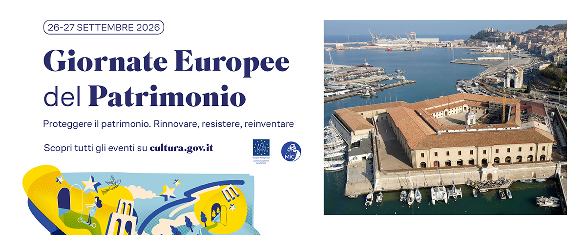 Grafica delle Giornate Europee del Patrimonio 2026, in programma il 26 e 27 settembre. A destra, veduta aerea della Mole Vanvitelliana di Ancona e del porto. A sinistra, il titolo dell’iniziativa e il tema “Proteggere il patrimonio. Rinnovare, resistere, reinventare”.